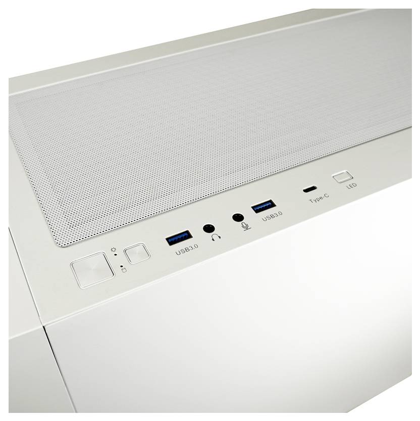 Widok z góry białej obudowy komputera przedstawia porty USB 3.0, gniazdo słuchawkowe, port USB typ C oraz elementy sterujące.