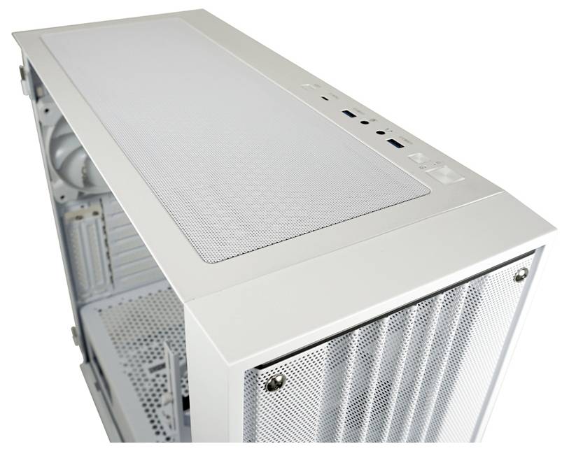 Białe obudowa komputera widziana z góry, ukazująca kratki wentylacyjne, złącza USB oraz przycisk zasilania na górnej powierzchni.