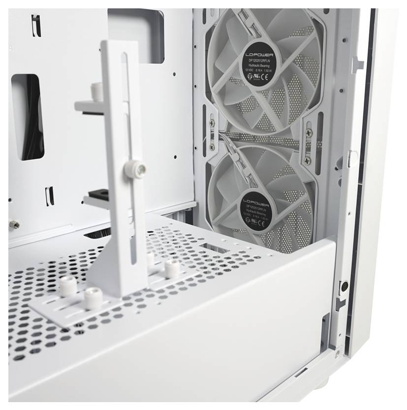 Otwarta obudowa komputera z dwoma wentylatorami zamontowanymi obok siebie. Prezentuje wnętrze przystosowane do instalacji podzespołów sprzętowych.