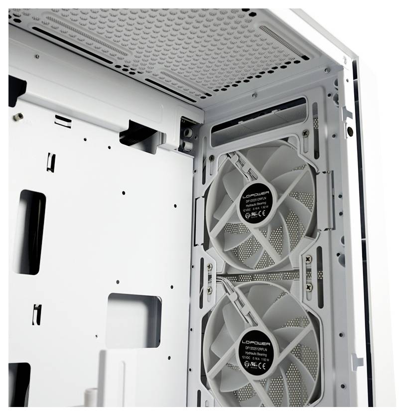 Widok wewnętrzny obudowy komputera z dwoma dużymi wentylatorami.