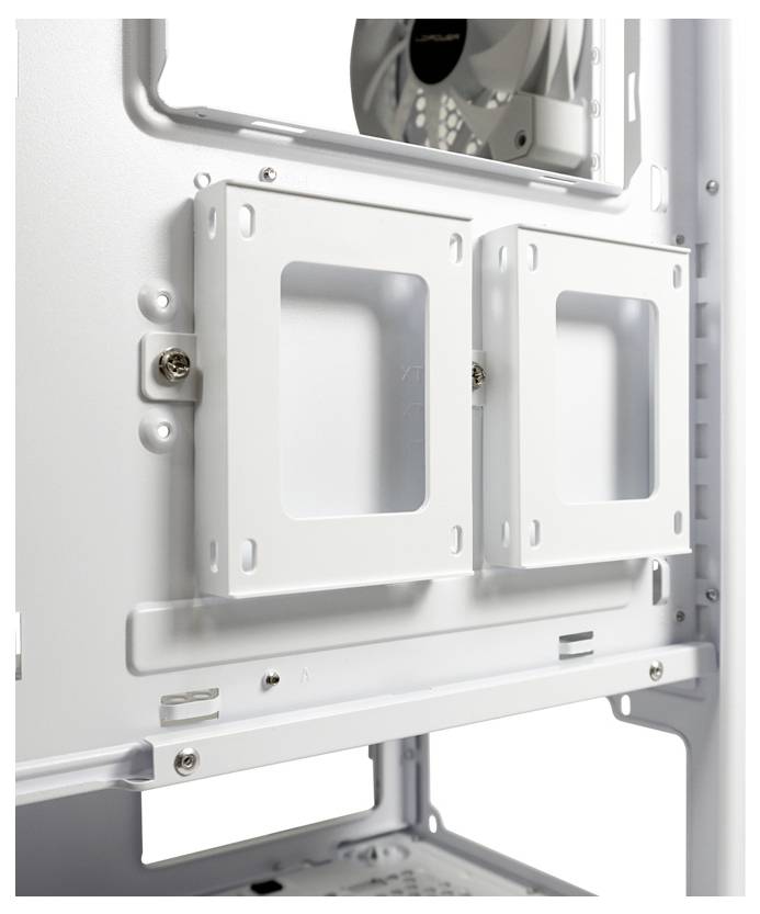 Widok wewnętrzny obudowy komputera z zamontowanymi uchwytami do mocowania dysków twardych lub dysków SSD. Na górze widoczny jest wentylator.