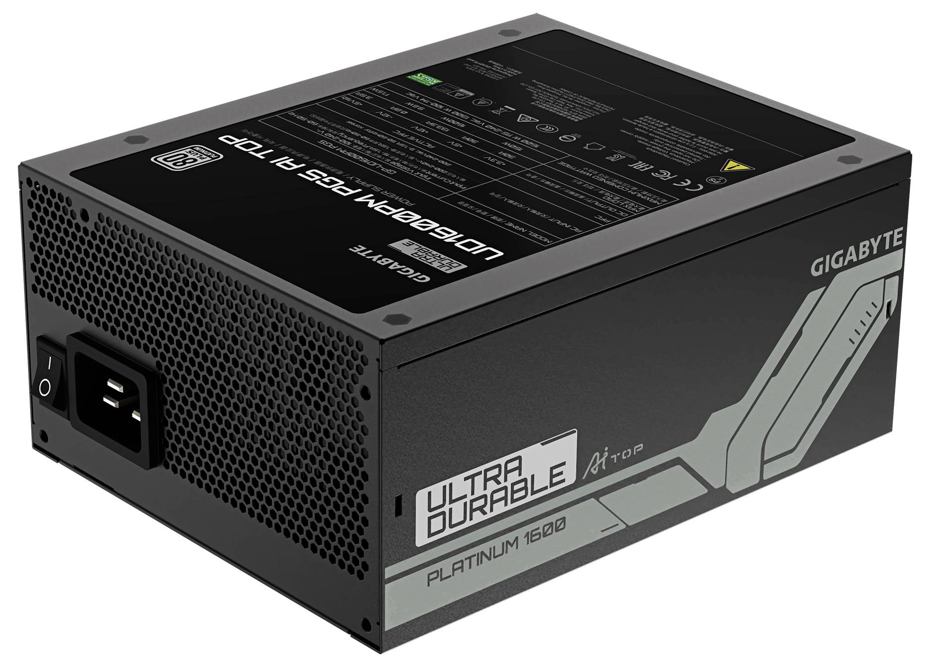 Czarna zasilacz Gigabyte z oznaczeniem 'Ultra Durable Platinum 1200'. Widoczne złącza i dane techniczne na górnej płaszczyźnie.