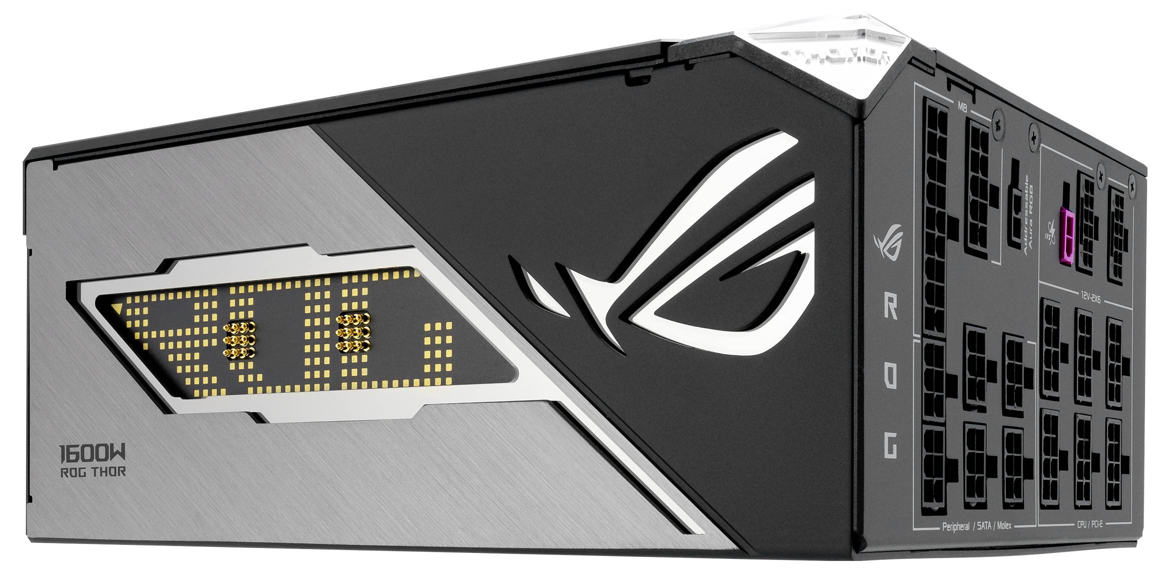 Zasilacz komputerowy z logo ASUS, wyświetlaczem LED i wieloma portami po bokach. Oznaczenie '1600W ROG Thor' w prawym dolnym rogu.