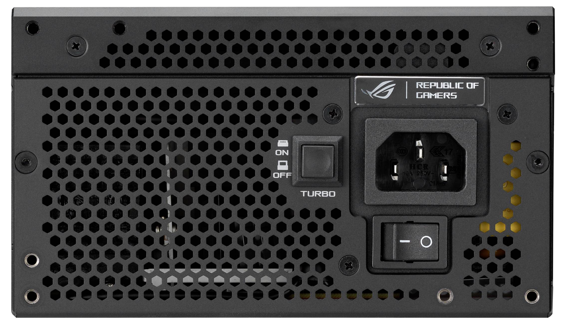 Czarna jednostka zasilająca do komputera dla graczy z kratką wentylacyjną, włącznikiem/wyłącznikiem oraz logo 'Republic of Gamers'.
