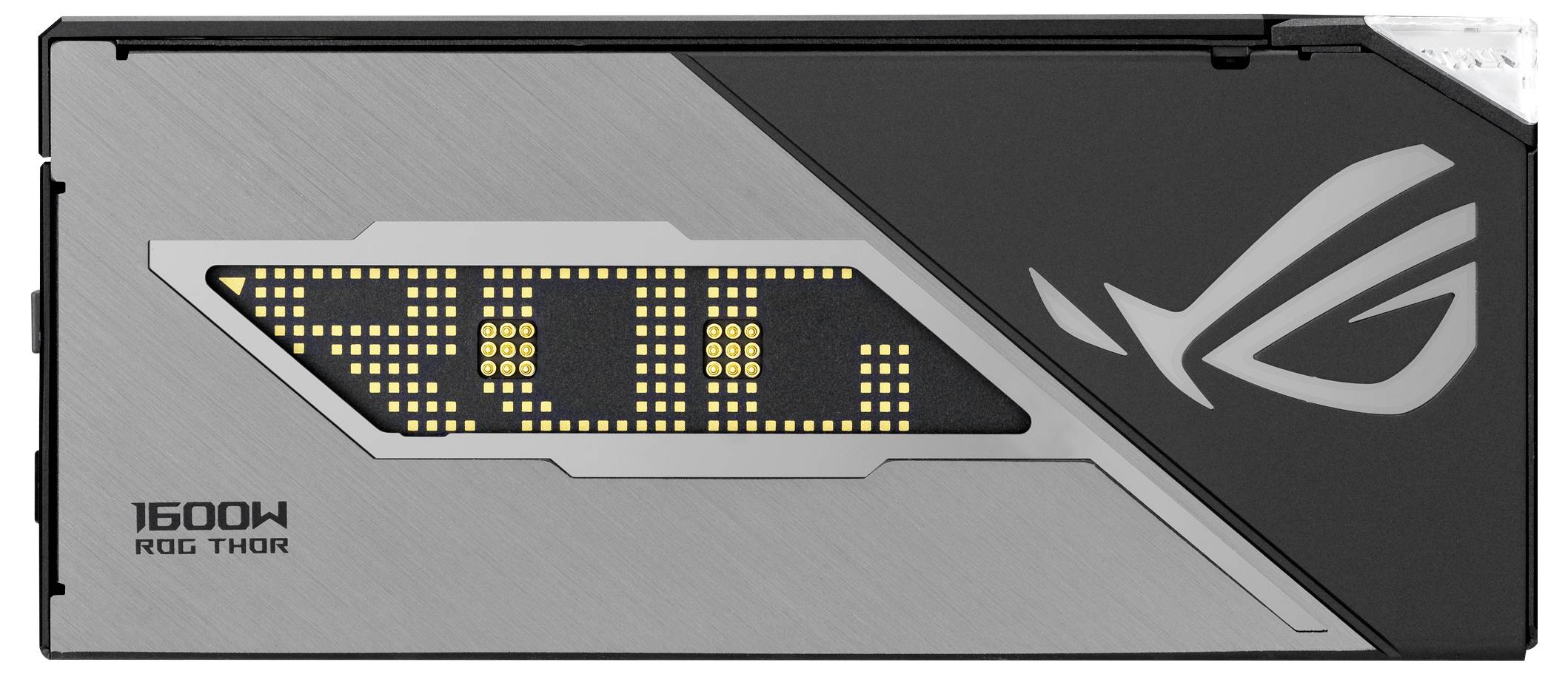 Zasilacz komputerowy '1600W ROG THOR' z wyświetlaczem LED i wyrazistym logo po prawej stronie na szaro-czarnej powierzchni.