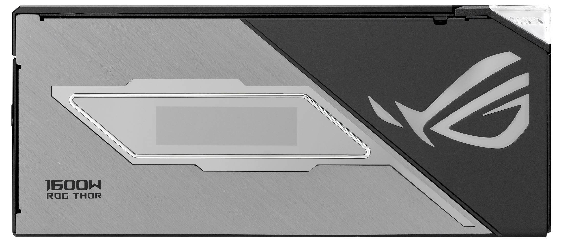 Czarna i szara obudowa zasilacza z logo 'ROG' i napisem '1600W'. Prostokątna konstrukcja, odpowiednia do sprzętu komputerowego.