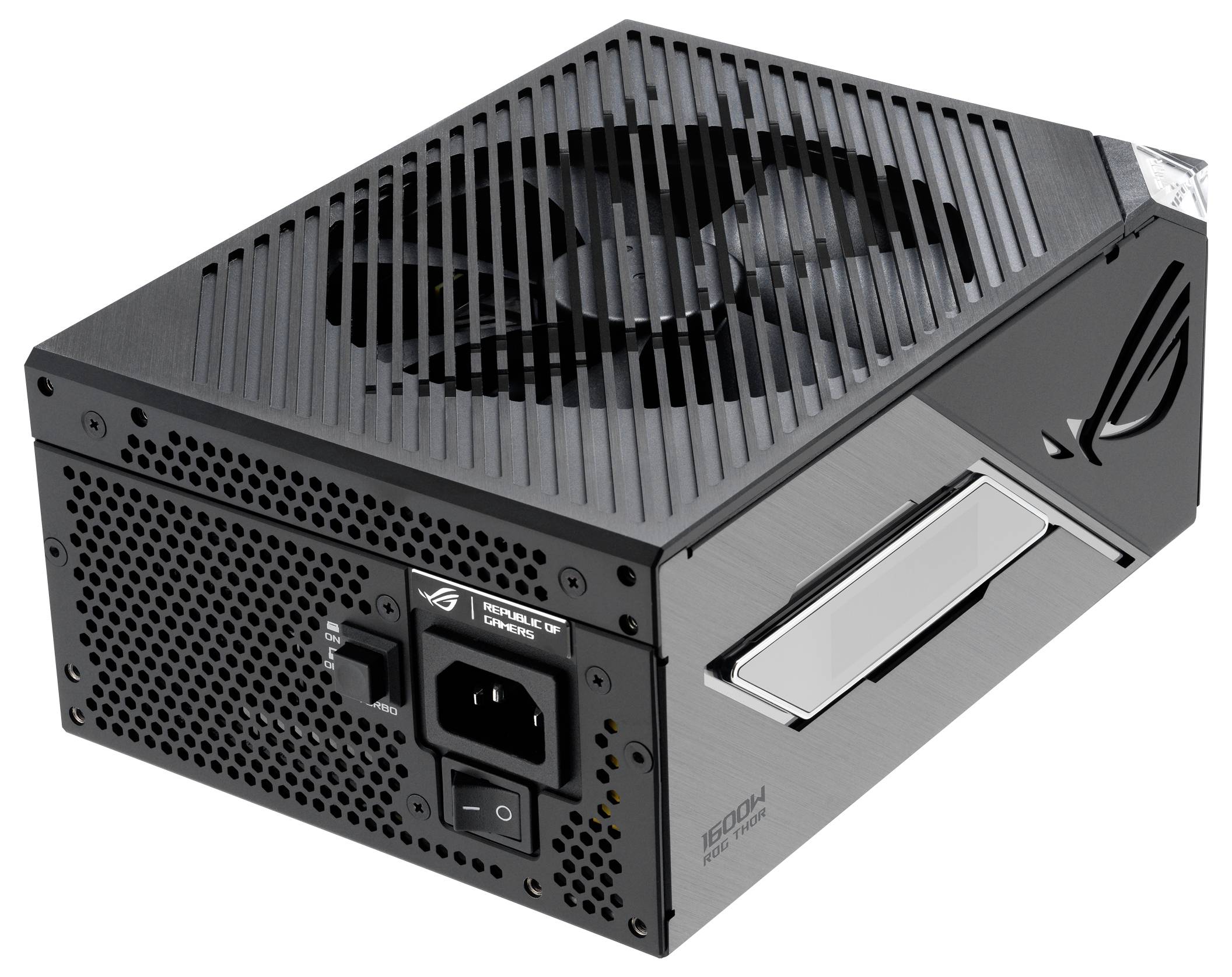 Czarny zasilacz komputerowy z wentylatorem na górnej części i gniazdem kabla zasilającego. Logo ASUS ROG znajduje się z boku.