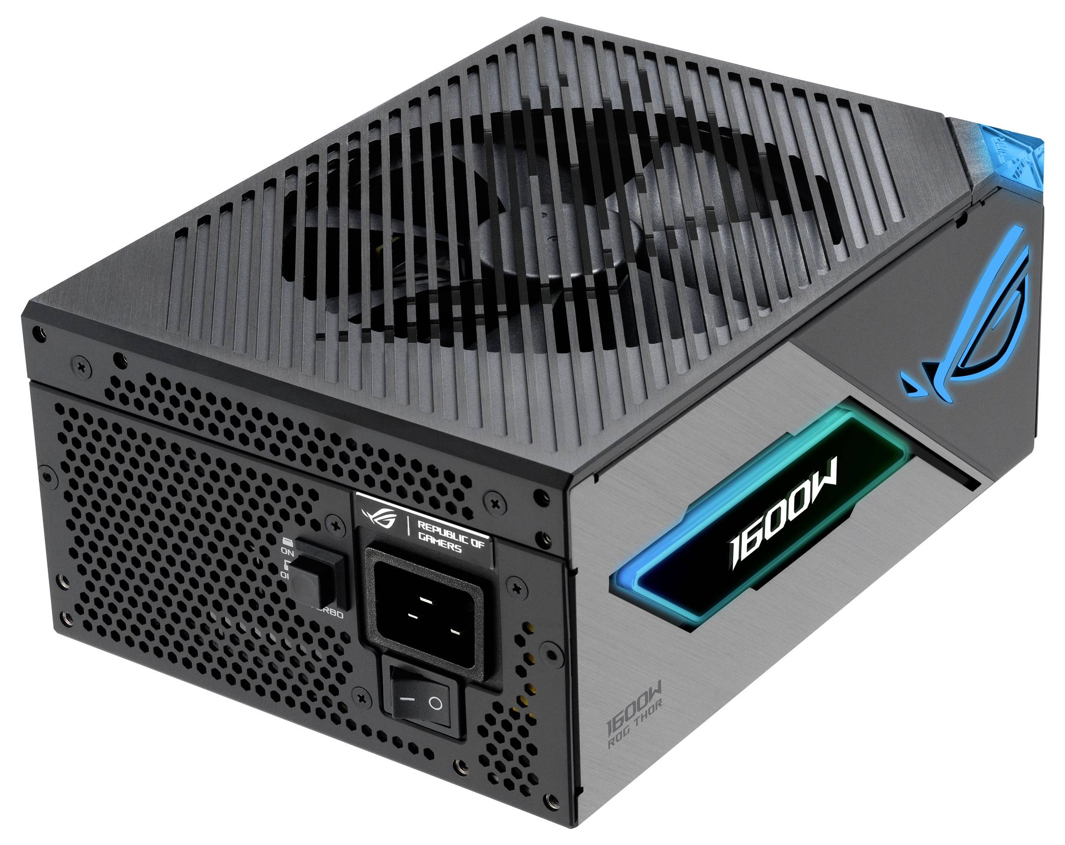 Czarny zasilacz komputerowy z wentylatorem, podświetleniem RGB i napisem '1600W'. Odpowiedni do zastosowań w wydajnych komputerach.