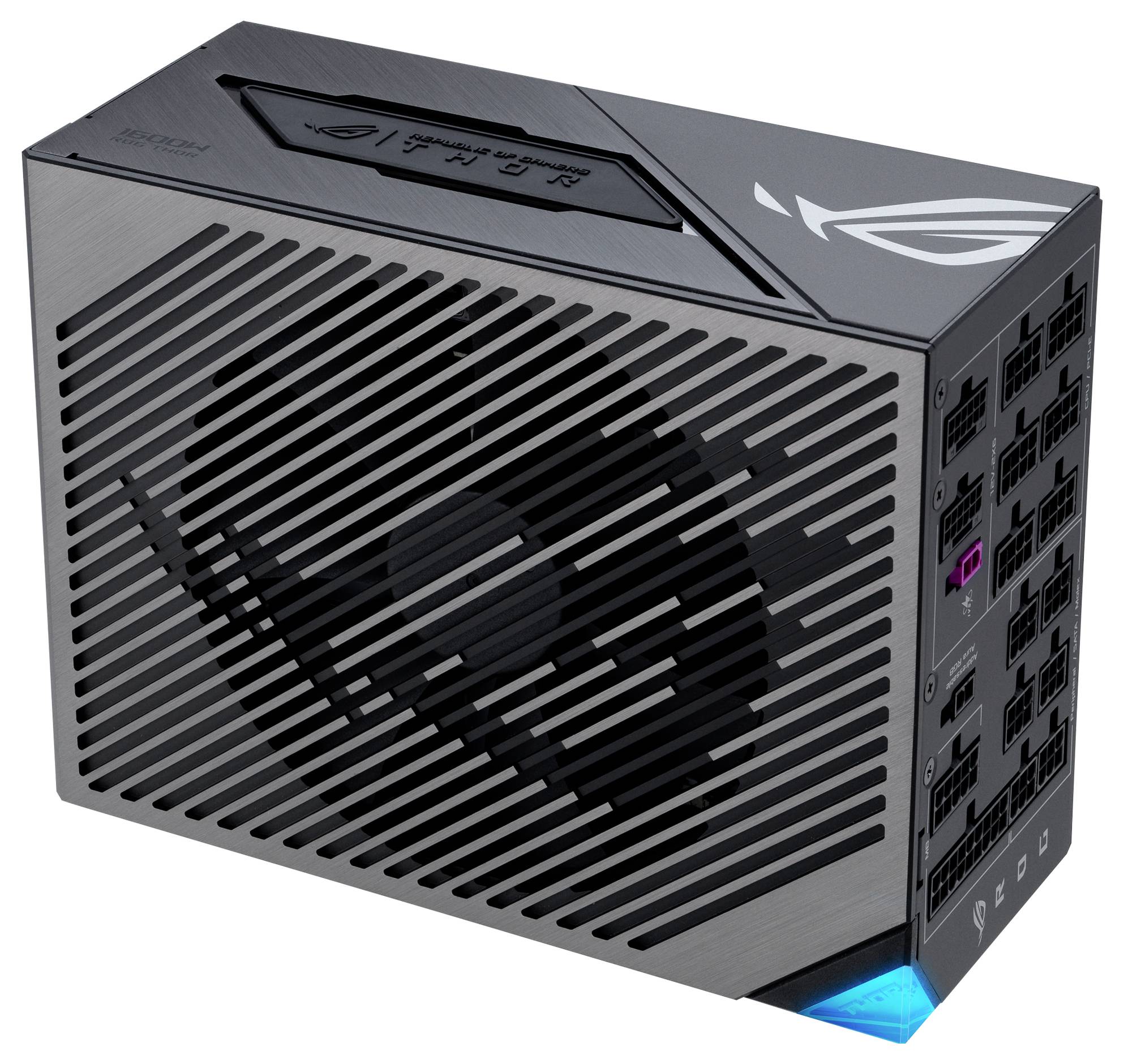Czarny, prostokątny zasilacz komputerowy z wentylatorem i wieloma gniazdami przyłączeniowymi po prawej stronie, z logo marki na górze.