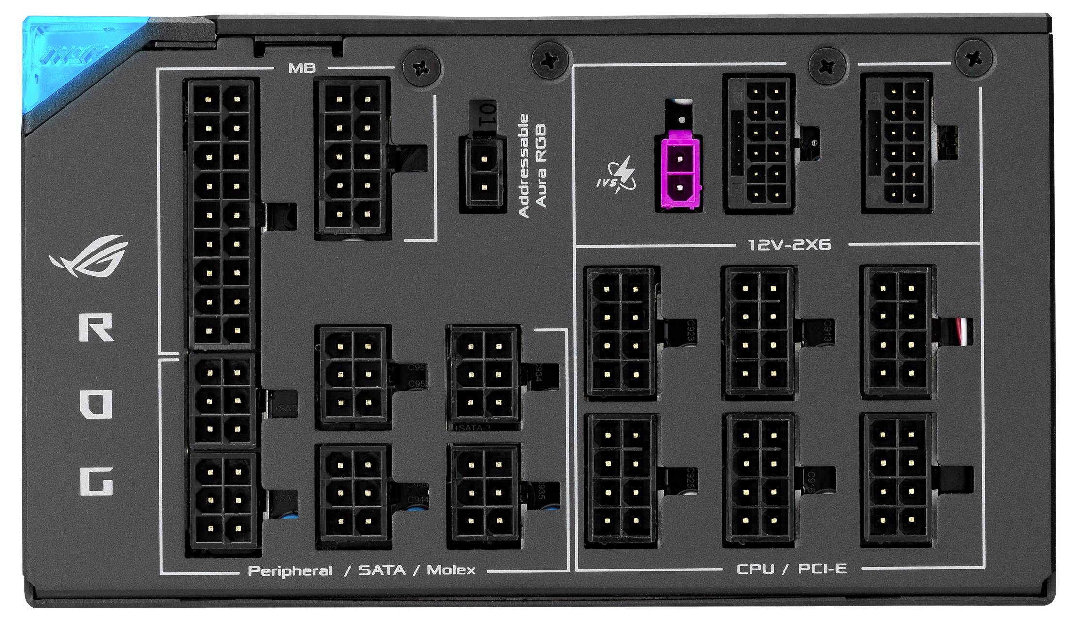 Tylna strona zasilacza komputerowego z wieloma złączami, w tym złączami Peripheral/SATA/Molex, MB, CPU/PCIE i 12V.