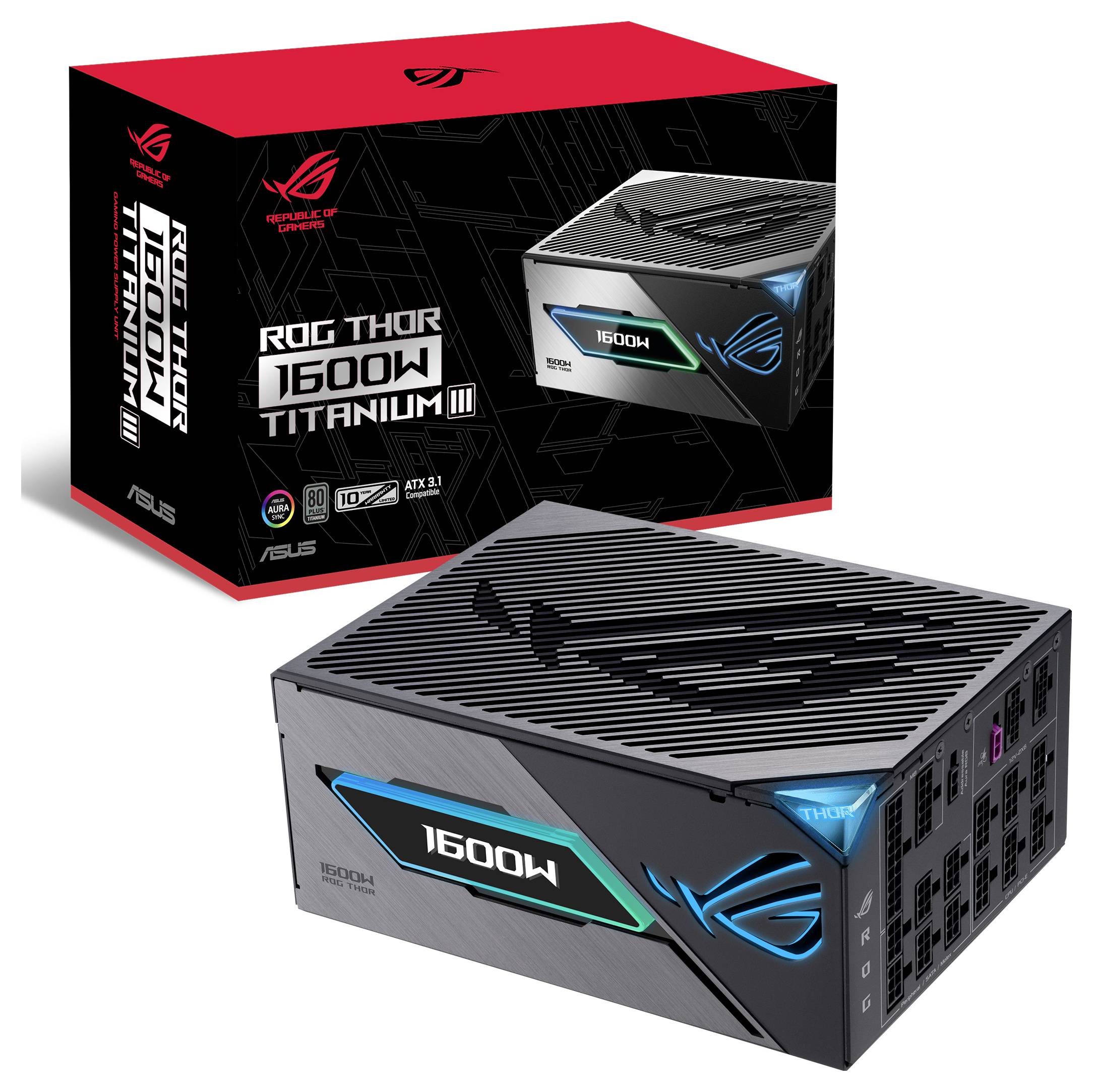 Zasilacz ASUS ROG Thor 1600W Titanium, przedstawiony wraz z opakowaniem. Wyposażony w wyświetlacz OLED i podświetlenie RGB.
