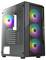 Czarna obudowa komputera z boczną szybą, przednie i tylne wentylatory RGB świecące podczas chłodzenia i tworzące efekty wizualne.