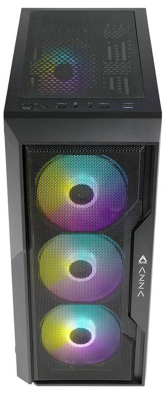 Obudowa komputera dla graczy z trzema widocznymi wentylatorami RGB z przodu, podświetlonymi różnokolorowymi światłami.