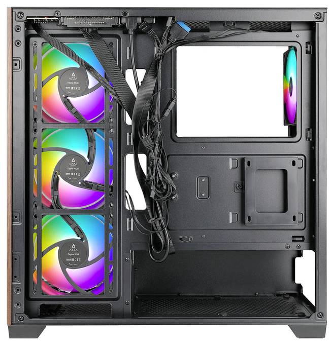 Otwarta obudowa komputera prezentuje trzy zainstalowane, podświetlone wentylatory z podświetleniem RGB oraz wolne wnęki na komponenty.
