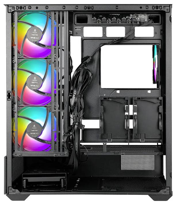 Obudowa komputera z otwartą przestrzenią wewnętrzną, trzema wentylatorami RGB z przodu, zarządzaniem okablowania oraz mocowaniami na dyski twarde.