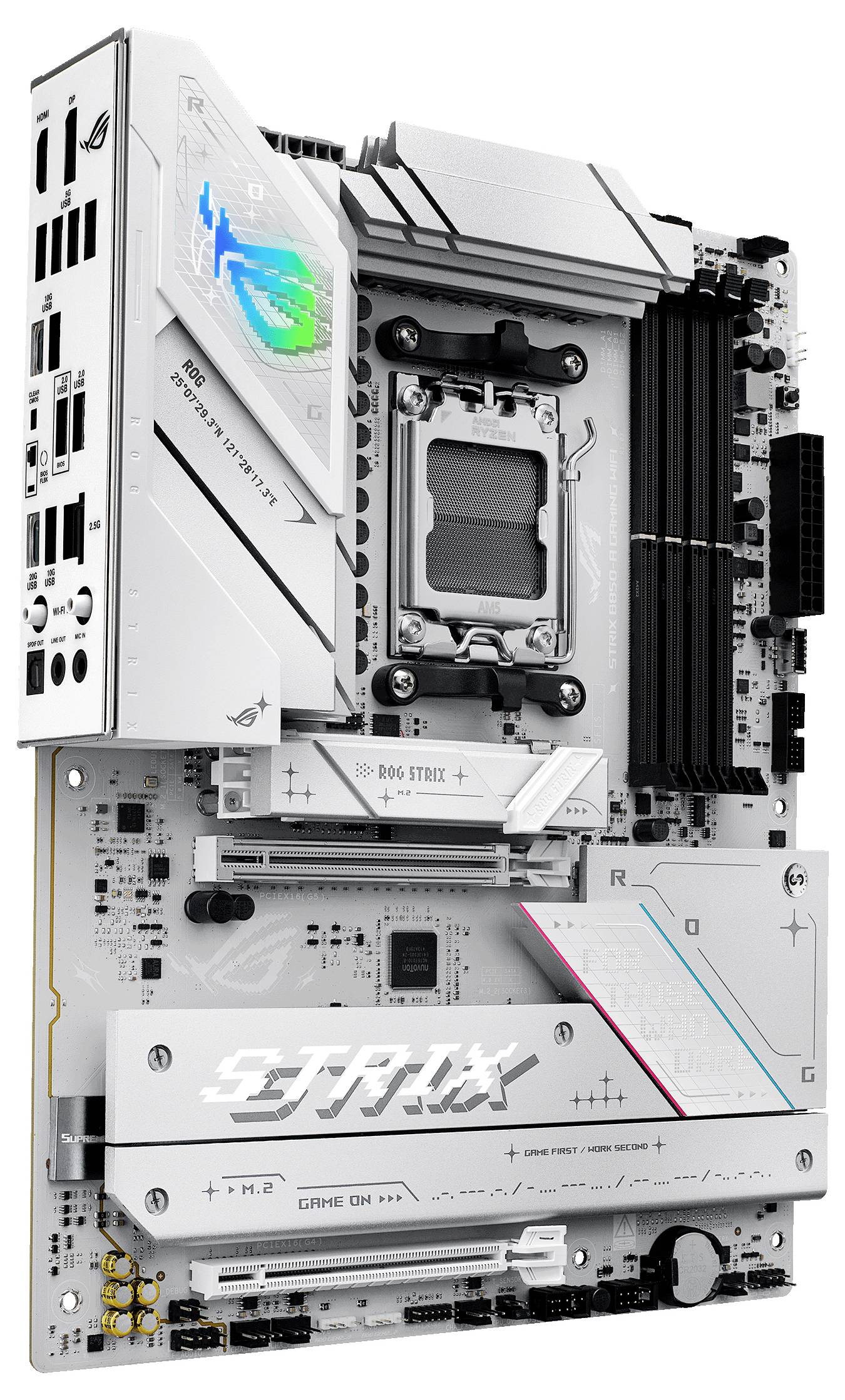 Białą płytę główną komputera z radiatorami, wieloma złączami i napisem 'STRIX', przeznaczoną do zaawansowanych systemów gamingowych.