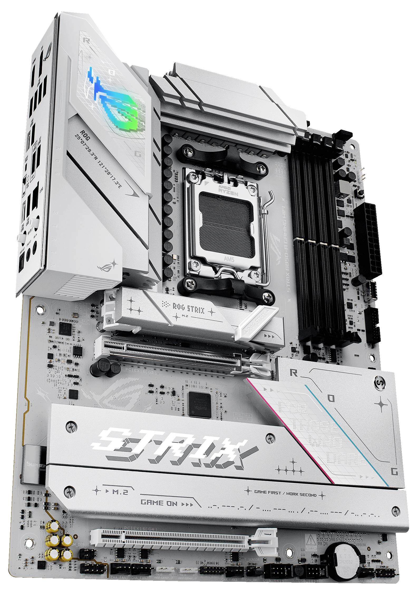 Nowoczesna płyta główna komputera z srebrno-białymi radiatorami, wieloma portami i gniazdami. Widoczna nazwa marki 'STRIX'.