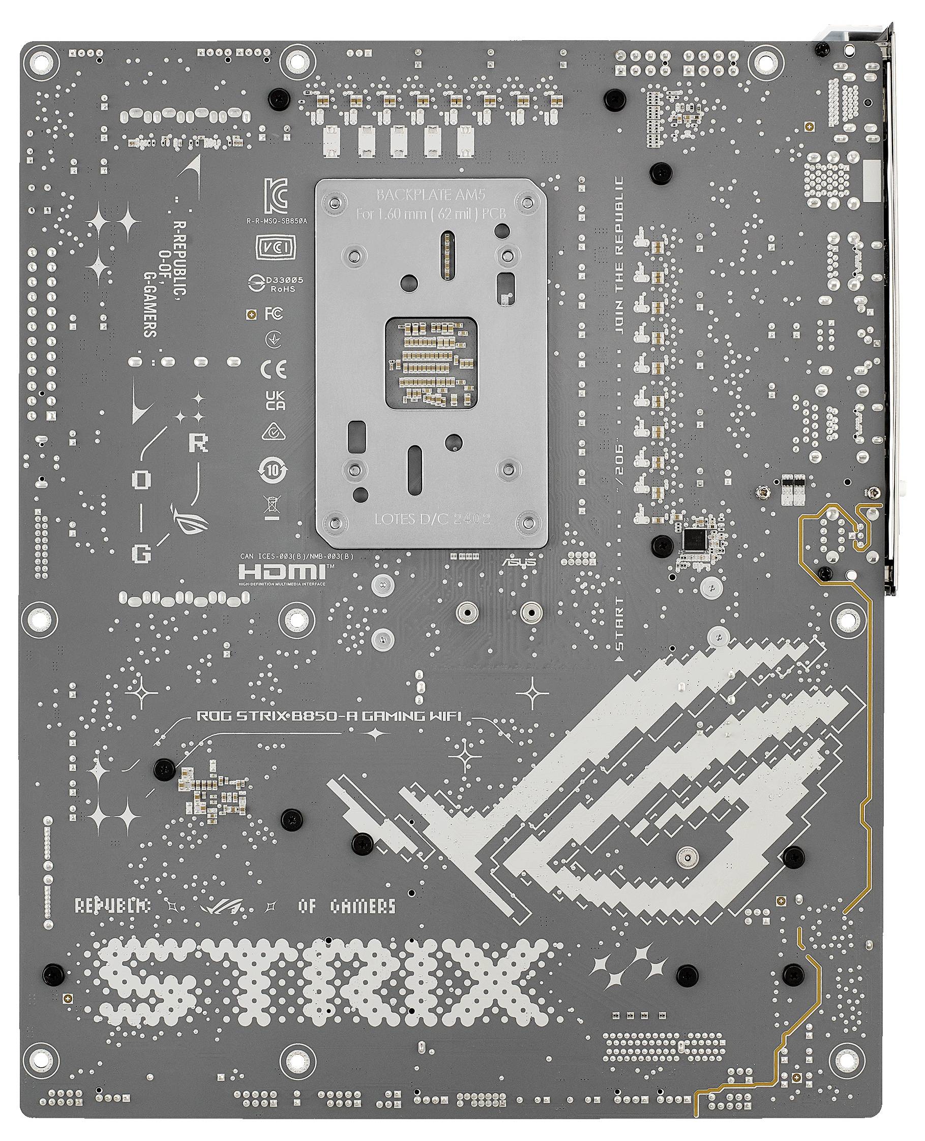 Odwrotna strona płyty głównej komputera z etykietą 'Republic of Gamers' i logo w kolorze szarym. Widoczne są różne złącza i obwody elektroniczne.