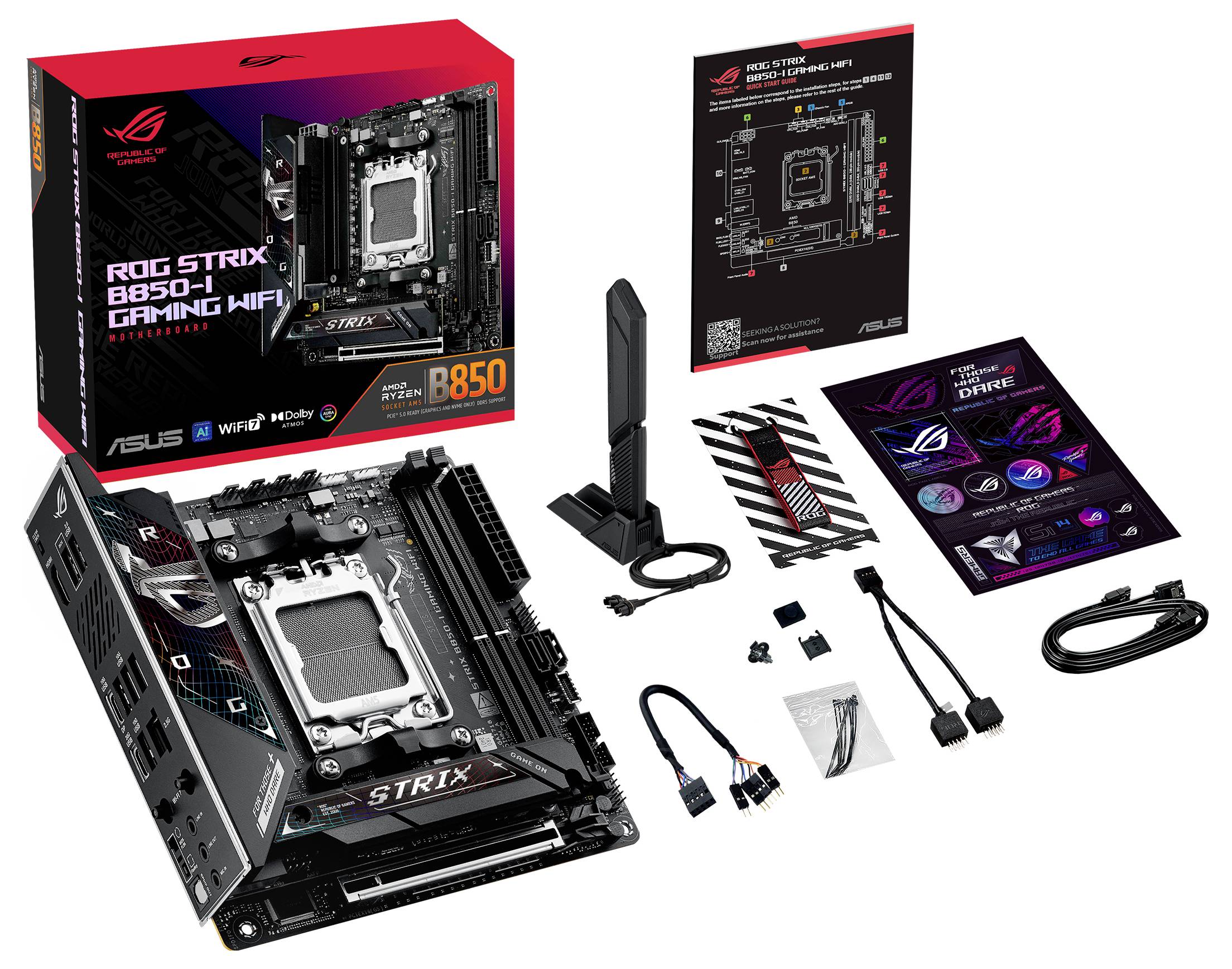 Płyta główna Mini-ITX ROG Strix B650-I Gaming WiFi, akcesoria: antena Wi-Fi, instrukcja obsługi, kabel SATA, kabel rozszerzający RGB oraz śruby.