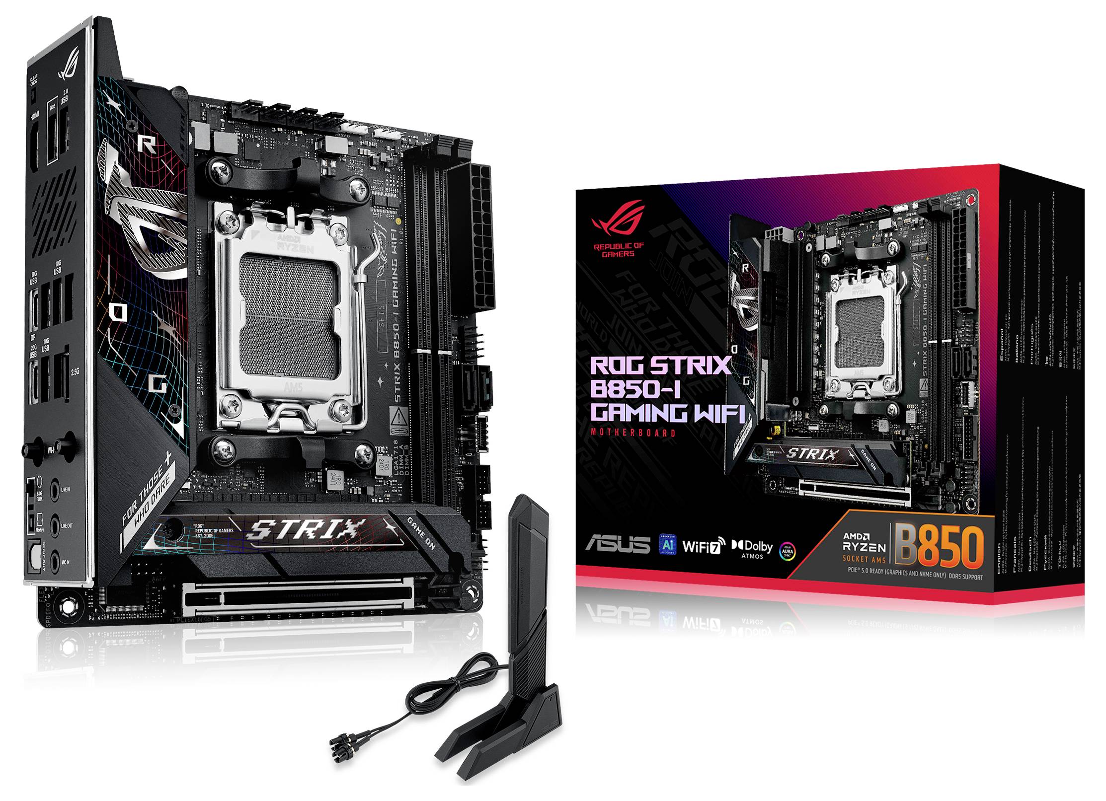 Płyta główna 'ROG Strix B850-I Gaming WiFi' z opakowaniem i anteną. Obsługuje procesory AMD Ryzen, WiFi 6, dwa sloty M.2, USB-C.