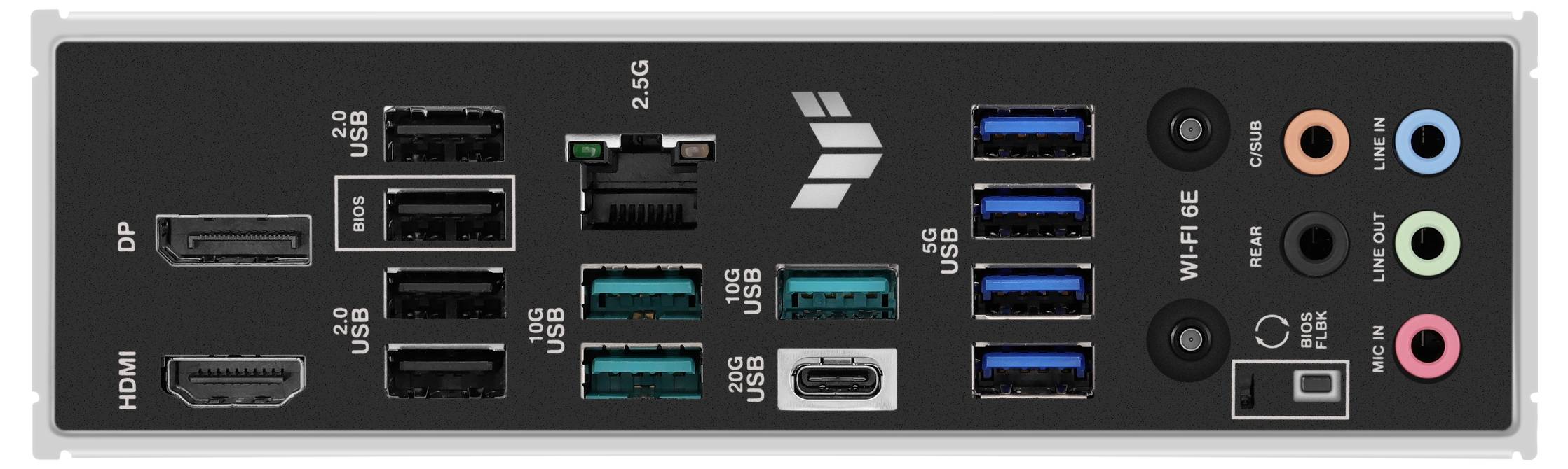 Tylna ściana płyty głównej komputera z wyjściami HDMI, DisplayPort, wieloma portami USB, złączem sieciowym oraz wejściami/wyjściami audio.