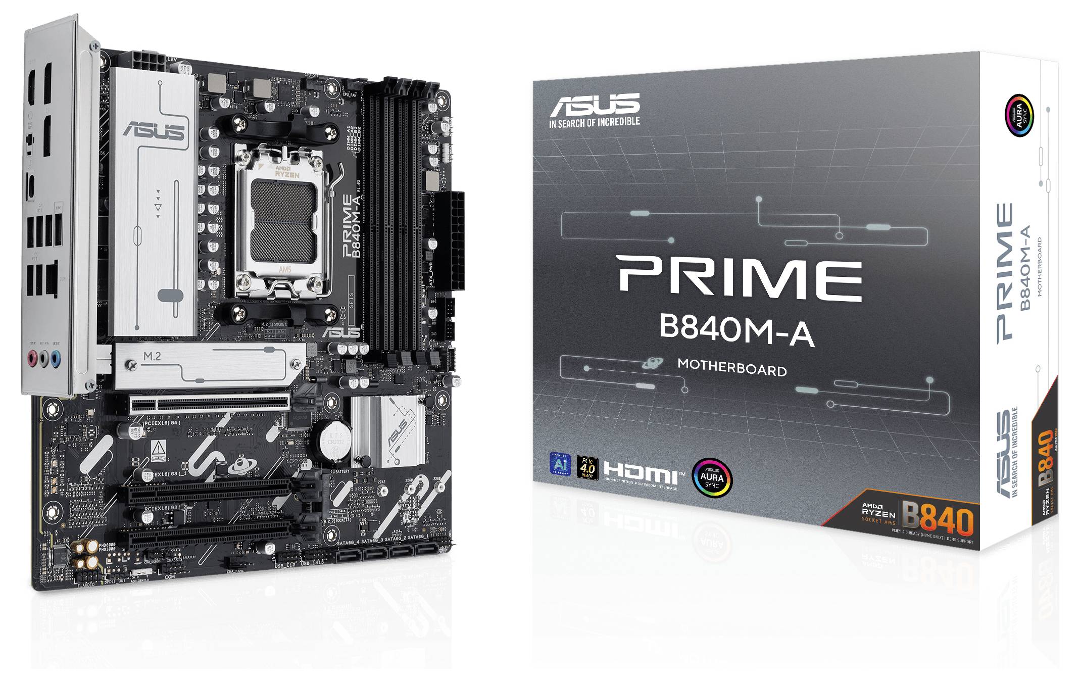 Płyta główna ASUS Prime B840M-A przedstawiona obok opakowania produktu. Zawiera wsparcie dla procesorów AMD i złącza HDMI.