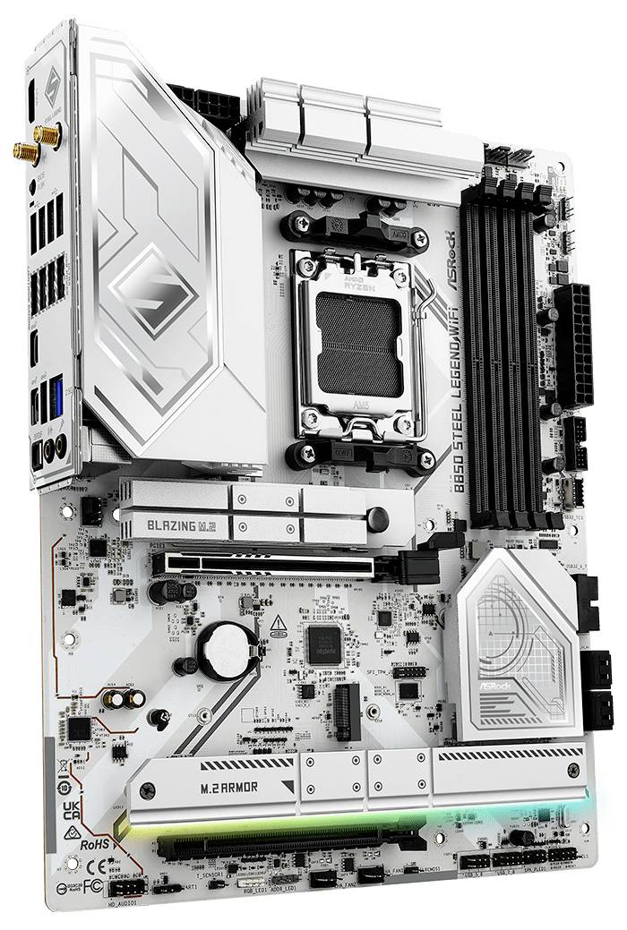 Na ilustracji widać białą płytę główną ASRock B650 Steel Legend WiFi z różnymi złączami i slotami dla podzespołów komputerowych.