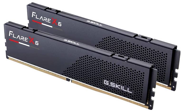 Dwa czarne moduły pamięci RAM G.Skill Flare X5 w zbliżeniu, idealne do modernizacji komputera, z czerwonymi i białymi napisami.