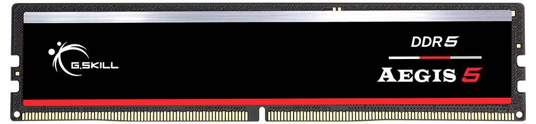 Moduł pamięci RAM DDR5 firmy G.Skill 'Aegis', czarny z czerwonym paskiem, widok z boku.