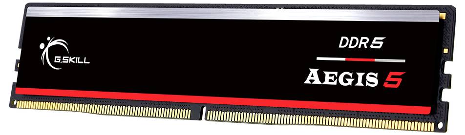 Moduł DDR5-RAM firmy G.Skill, model 'Aegis'. Głównie czarny z czerwonym paskiem i nazwą marki.