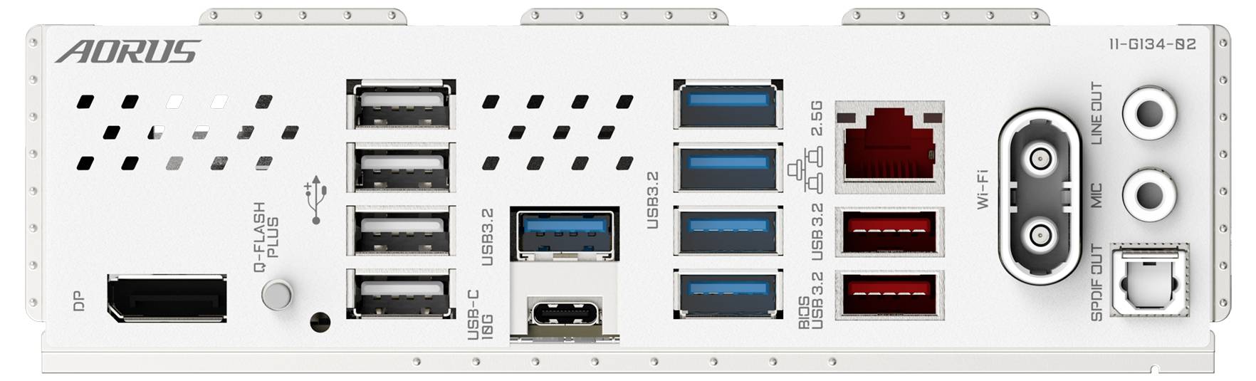 Widok z tyłu płyty głównej z wieloma złączami: DisplayPort, porty USB, Ethernet, wyjście audio oraz antena WLAN.