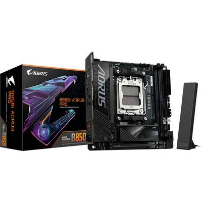 Płyta główna B650I AORUS PRO oraz jej opakowanie, odpowiednia dla procesorów AMD Ryzen. Prezentuje szczegóły płyty głównej i jej kompatybilność.