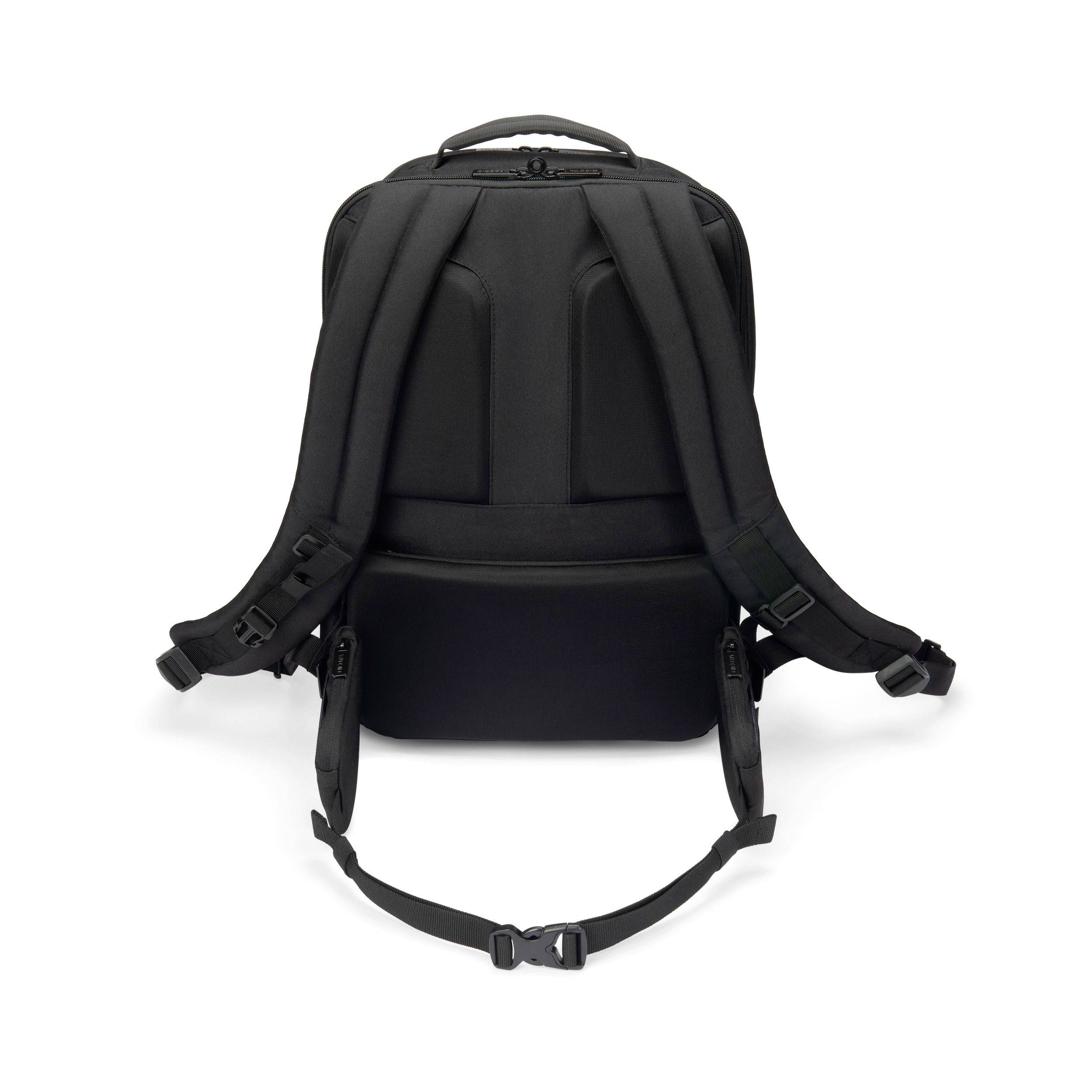 Czarny plecak z regulowanymi, wyściełanymi szelkami na ramiona oraz dodatkowym pasem piersiowym dla lepszego dopasowania i komfortu.