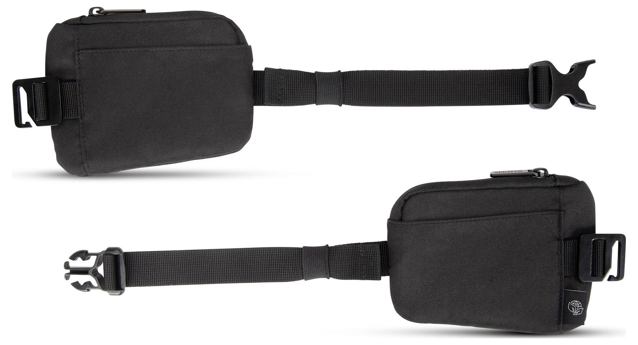 Dwie czarne nerki z regulowanymi paskami i zatrzaskowymi zamknięciami. Są projektowane prosto i funkcjonalnie.