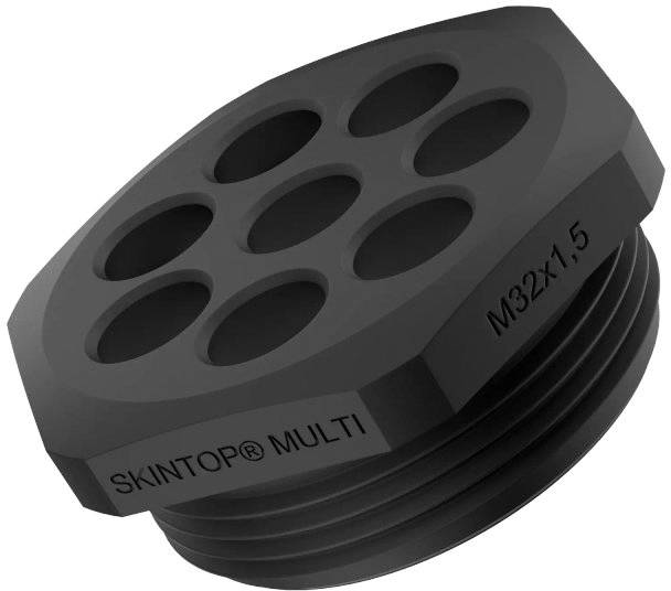 Czarny przepust kablowy z sześcioma otworami, oznaczony 'SKINTOP® MULTI' oraz 'M32x1.5'.