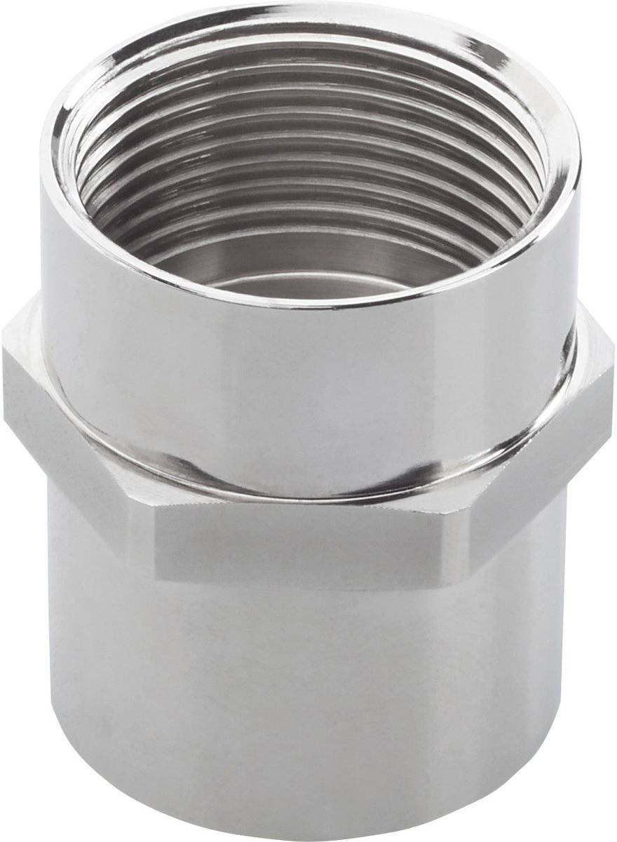 Srebrny, metalowy adapter F ze złączem gwintowanym do podłączenia kabli. Odpowiedni do połączeń koncentrycznych.