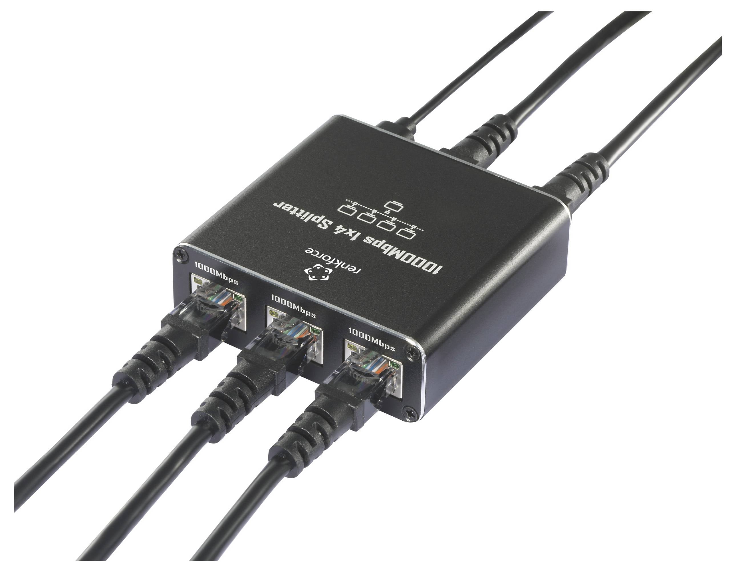 Rozdzielacz LAN Gigabit z trzema portami Ethernet w czarnej obudowie. Umożliwia dystrybucję sygnału sieciowego.