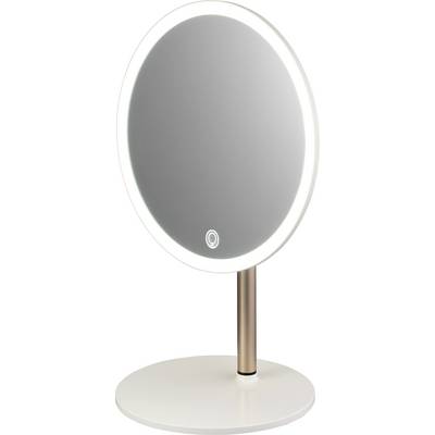 Owalny lustro do makijażu z podświetleniem LED, stojący na okrągłej podstawie. Idealny do precyzyjnego wykonywania makijażu lub pielęgnacji.