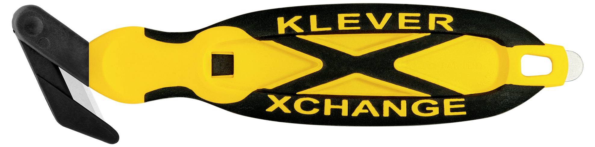 Czarny i żółty nóż bezpieczeństwa z napisem 'Klever XChange', o ergonomicznym designie z wymiennym ostrzem.