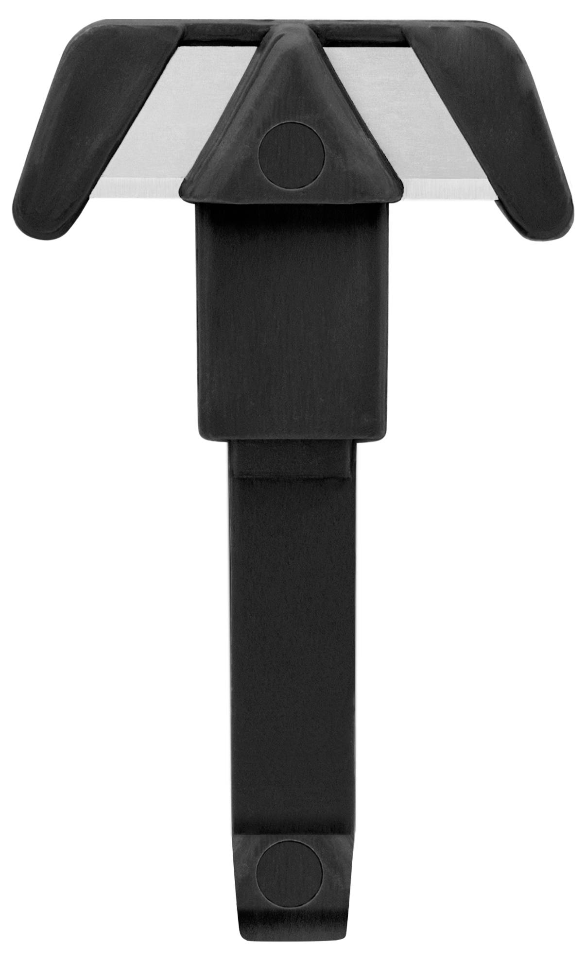 Czarny hak Rock-It z składaną podstawą i dwoma zaokrąglonymi skrzydełkami, idealny do oszczędnego przechowywania na ścianach.