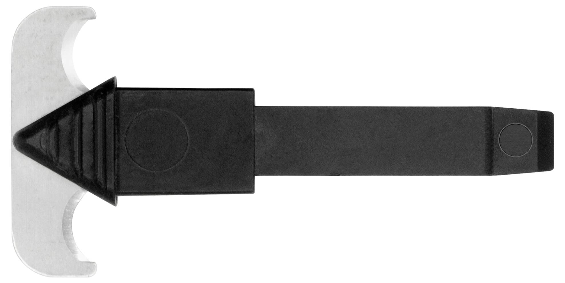 Czarne narzędzie dźwigniowe z srebrnym ostrzem na końcu, na białym tle. Przeznaczenie niejednoznaczne, prawdopodobnie do otwierania lub rozłączania.