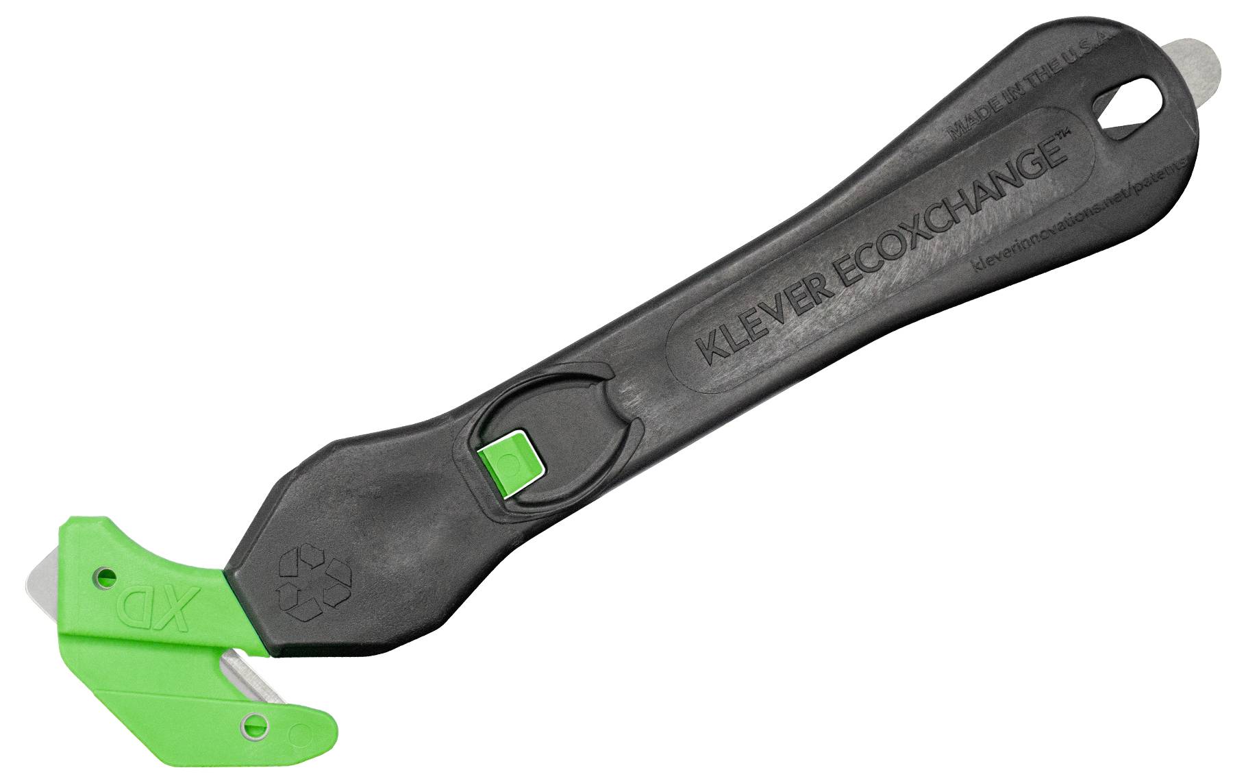 Narzędzie tnące z czarnym uchwytem i zielonym plastikowym osłoniętym ostrzem, zaprojektowane do bezpiecznego cięcia i wymiany ostrza.