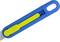 Niebieski i żółty nóż bezpieczeństwa z osłoną ochronną. Rękojeść jest ergonomicznie ukształtowana, a przesuwka noża jest żółta.