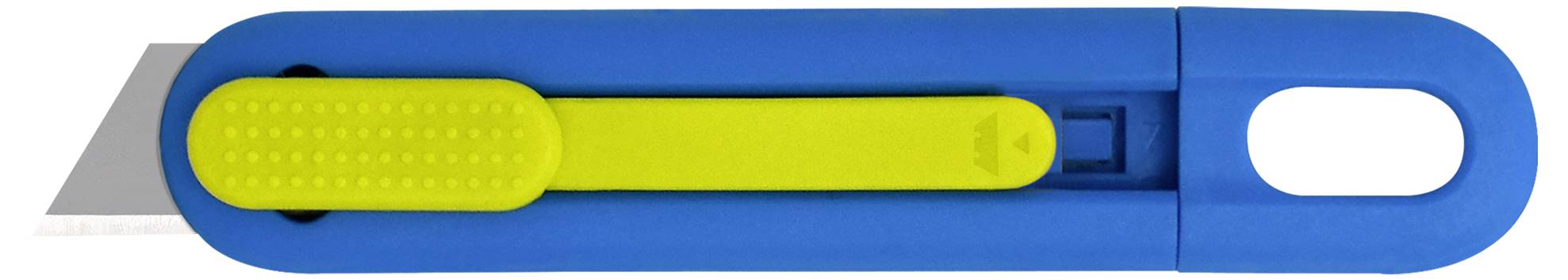 Niebieski nóż uniwersalny z żółtą suwką i srebrnym ostrzem, chowany przez naciśnięcie żółtej suwki.