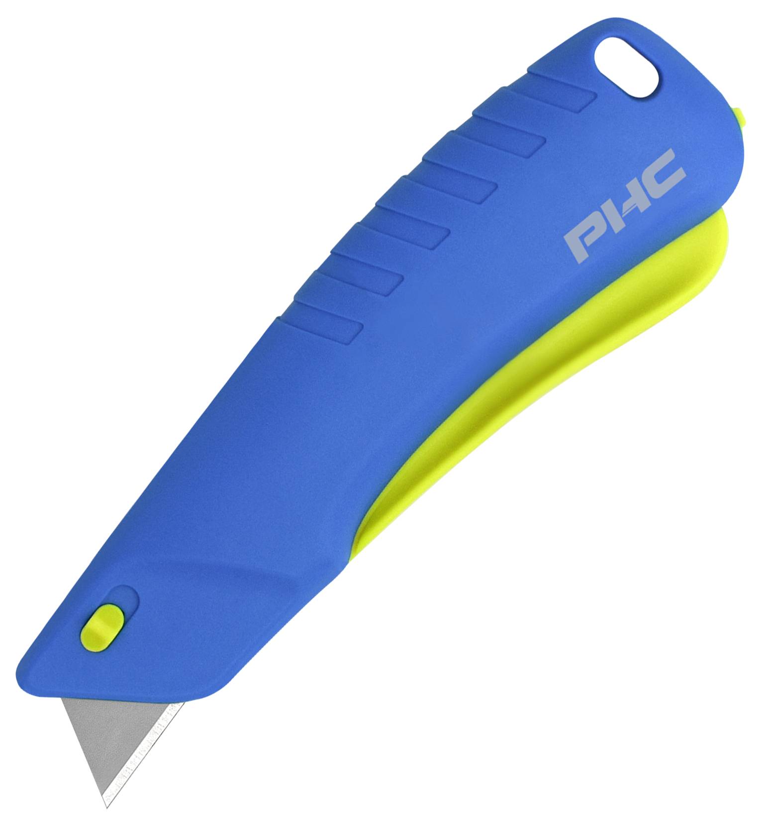 Nóż bezpieczny z niebieskim uchwytem i chowaną klingą. Posiada żółty przycisk zwalniania ostrza i jest oznaczony napisem 'PHC'.