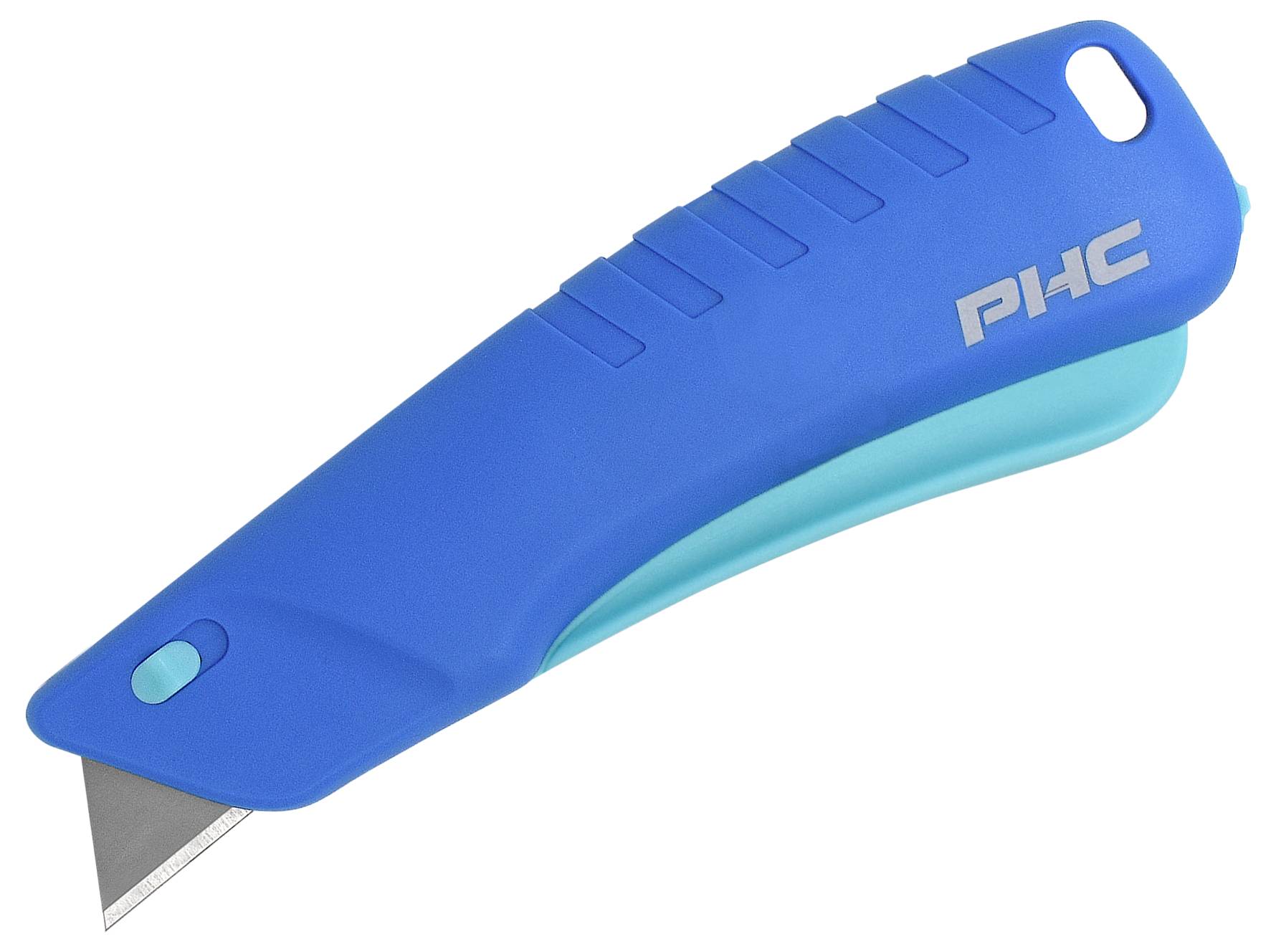 Niebieski nóż bezpieczeństwa z chowanym ostrzem, ergonomicznym uchwytem i jasnoniebieskim przesuwnikiem do wysuwania ostrza.