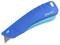 Niebieski nóż bezpieczeństwa z chowanym ostrzem, ergonomicznym uchwytem i jasnoniebieskim przesuwnikiem do wysuwania ostrza.
