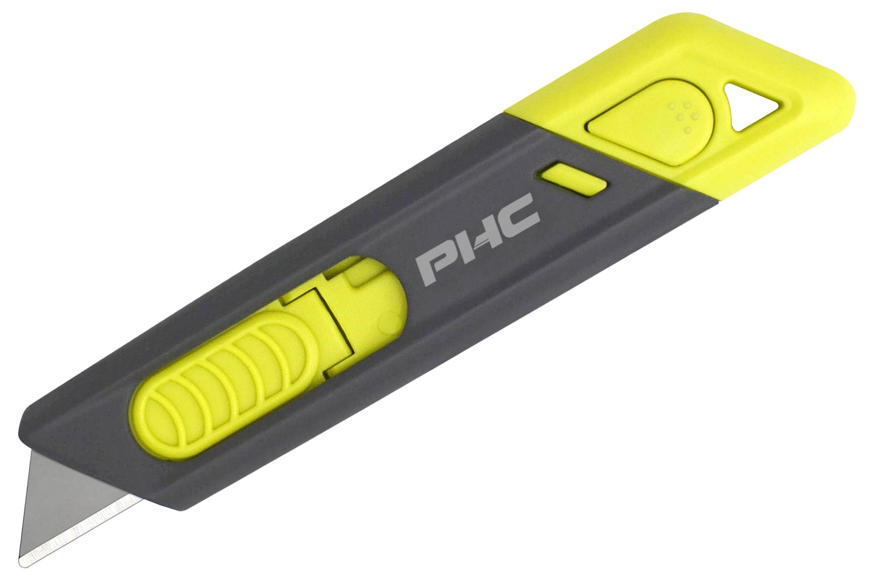 Szary i żółty nóż bezpieczeństwa z uchwytem trapezowym, odpowiedni do precyzyjnych prac związanych z cięciem.