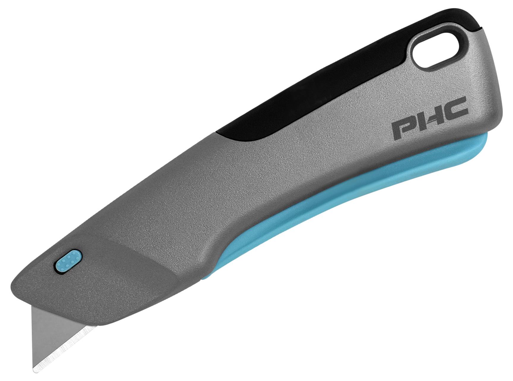 Szaro-czarny nóż bezpieczeństwa z niebieskim spodem. Ergonomiczny design, z mechanizmem wysuwania ostrza i logo PHC na boku.