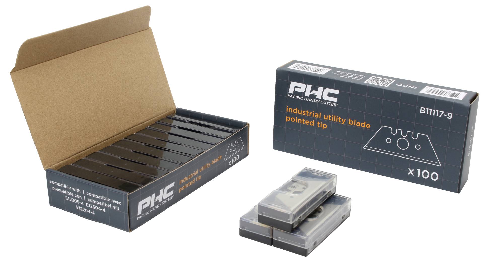 Opakowanie i otwarte pudełko 'PHC Industriemesser mit spitzer Spitze' z dziesięcioma nożami. Widoczne części ostrzy w plastikowych obudowach.